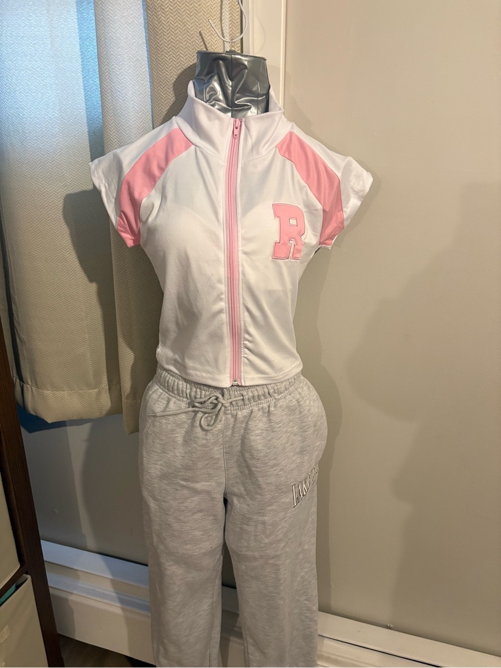White & Pink Zip-Front Crop Top with Raglan Sleeves